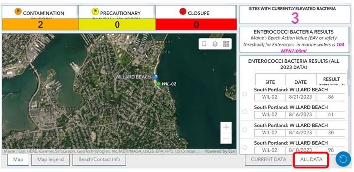 Maine Healthy Beaches Data Example Showing "ALL DATA" Tab