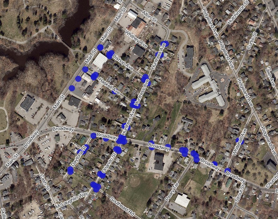 Aerial image showing catch basins removed from the sewage system in Cash Corner